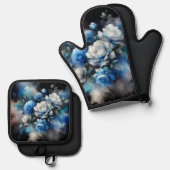 Dreamy Blue und White Roses Ofenhandschuh & Topflappen-Set (Vorderseite/Rückseite)