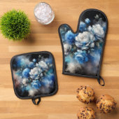 Dreamy Blue und White Roses Ofenhandschuh & Topflappen-Set (Oben Unten)