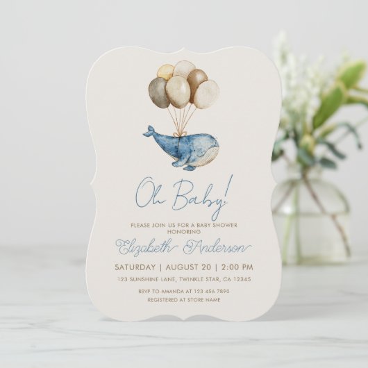 Dreamy Blue Whale and Balloons Boy Baby Shower Einladung (Stehend Vorderseite)