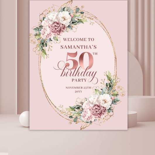 Dreamy Blush Floral 50th Birthday Photo Backdrop Wandteppich