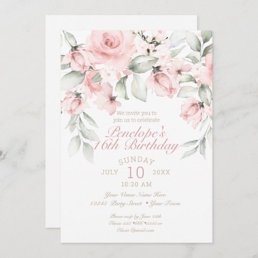 Dreamy Blush Pink Roses 16 . Geburtstag Geburtstag Einladung (Vorne/Hinten)