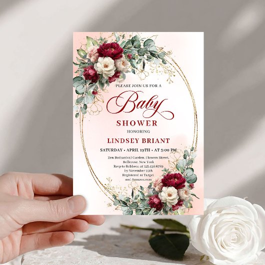 Dreamy Bohemian Deep Red Floral Baby Shower Einladung