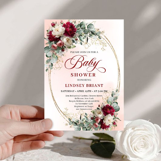 Dreamy Bohemian Maroon Floral Baby Shower Einladung