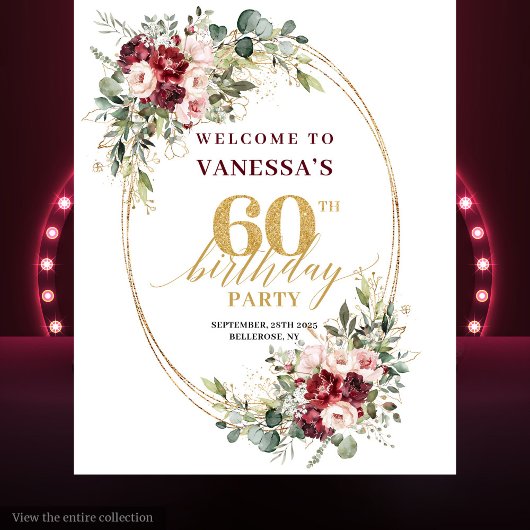 Dreamy Boho Burgundy Floral Gold 60th Birthday Wandteppich