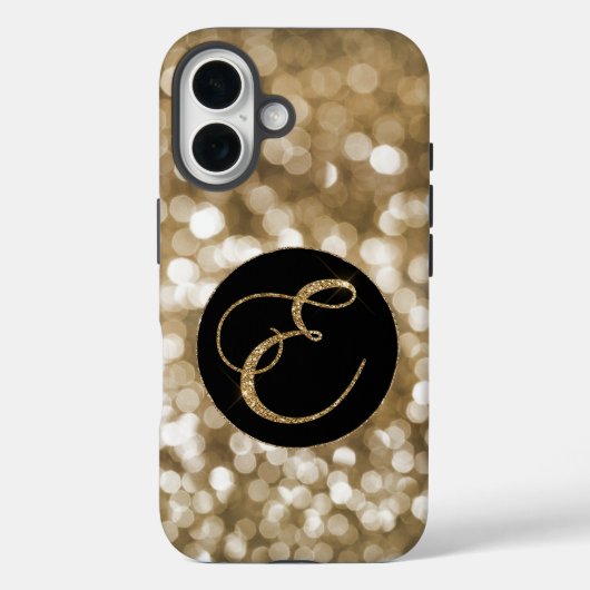 Dreamy Bokeh Gold Glitzer Letter E Monogram Black Case-Mate iPhone Hülle (Rückseite)