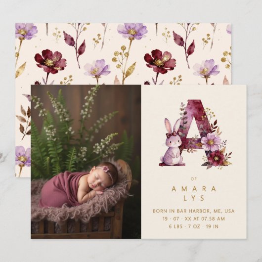 Dreamy Bunny A Initial Gold Glitter Newborn Ankündigung (Vorne/Hinten)