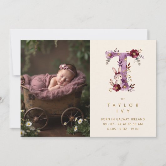 Dreamy Bunny T Initial Gold Glitter Newborn Ankündigung (Vorderseite)