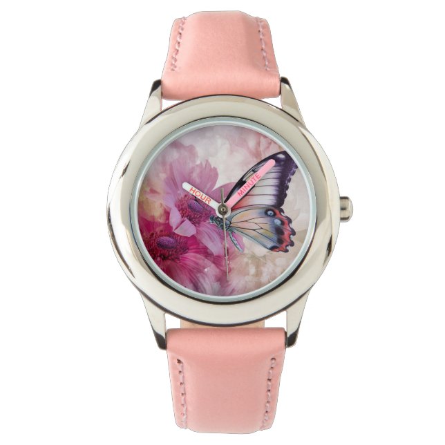 Dreamy Butterfly mit rosafarbenen Blume Armbanduhr (Vorderseite)