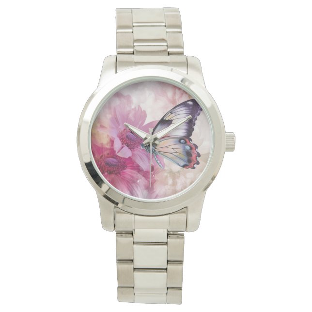 Dreamy Butterfly mit rosafarbenen Blume Armbanduhr (Vorderseite)