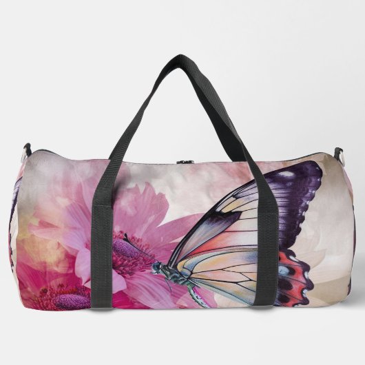 Dreamy Butterfly mit rosafarbenen Blume Duffle Bag (Vorderseite)