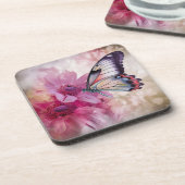 Dreamy Butterfly mit rosafarbenen Blume Getränkeuntersetzer (Linke Seite)