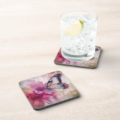 Dreamy Butterfly mit rosafarbenen Blume Getränkeuntersetzer (Rechte Seite)
