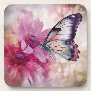 Dreamy Butterfly mit rosafarbenen Blume Getränkeuntersetzer