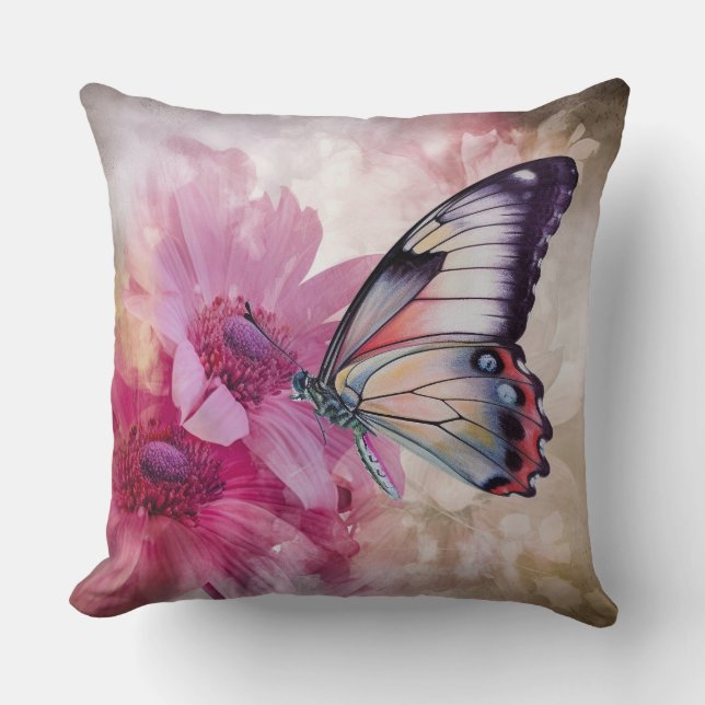 Dreamy Butterfly mit rosafarbenen Blume Kissen (Vorderseite)