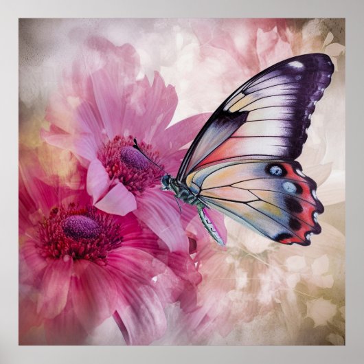 Dreamy Butterfly mit rosafarbenen Blume Poster (Vorne)