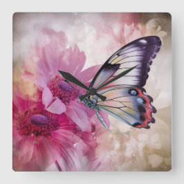 Dreamy Butterfly mit rosafarbenen Blume Quadratische Wanduhr