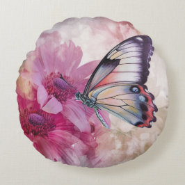 Dreamy Butterfly mit rosafarbenen Blume Rundes Kissen