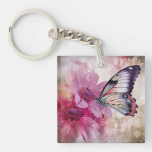 Dreamy Butterfly mit rosafarbenen Blume Schlüsselanhänger