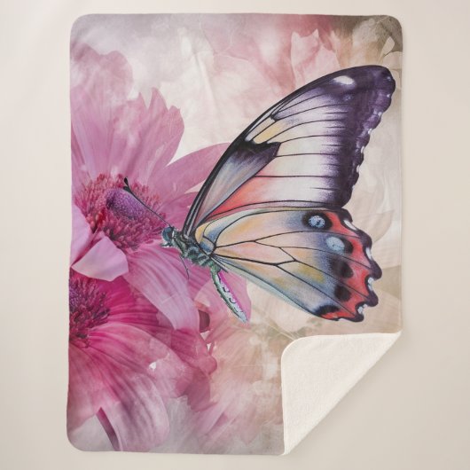 Dreamy Butterfly mit rosafarbenen Blume Sherpadecke (Vorderseite)