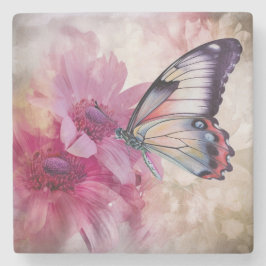 Dreamy Butterfly mit rosafarbenen Blume Steinuntersetzer