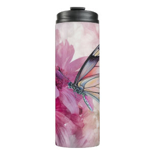Dreamy Butterfly mit rosafarbenen Blume Thermosbecher