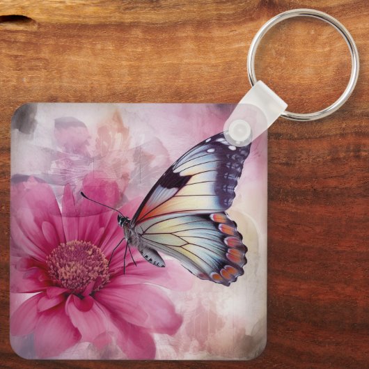 Dreamy Butterfly über die Leinwand der Blumen Schlüsselanhänger (Rückseite)
