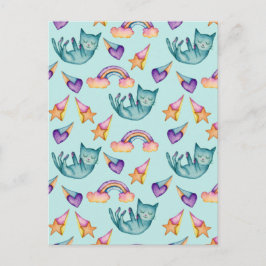 Dreamy Cat Floating in the Sky Watercolor Pattern Postkarte