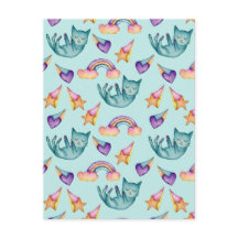 Dreamy Cat Floating in the Sky Watercolor Pattern