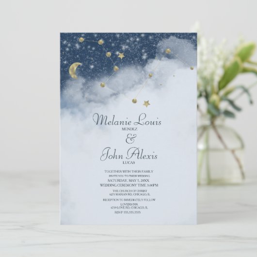 Dreamy Clouds Constellation Gold Foil Wedding Einladung (Stehend Vorderseite)