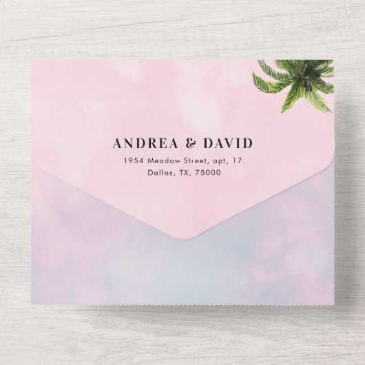 Dreamy Cotton Candy Pink Tropical QR Code Hochzeit All In One Einladung (Rückseite)