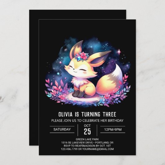 Dreamy Custom Fox Geburtstag digital Einladung (Vorne/Hinten)