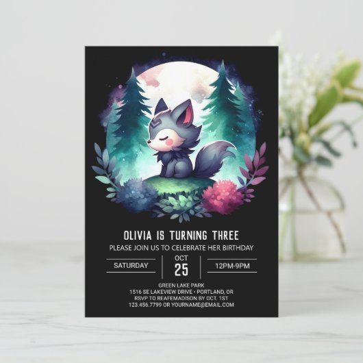 Dreamy Digital Wolf Geburtstag Einladung (Stehend Vorderseite)