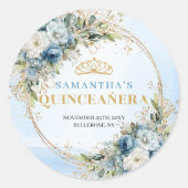 Dreamy Dusty Blue Gold Greenery Quinceañera Favor Runder Aufkleber (Vorderseite)