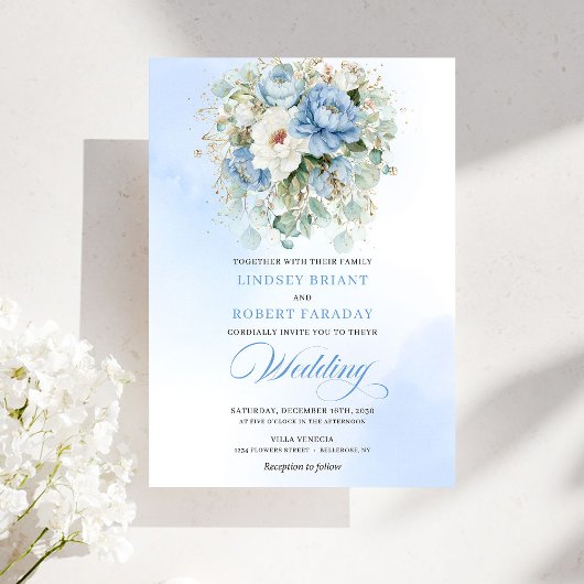 Dreamy Dusty Blue Peony Gold Floral Wedding Einladung