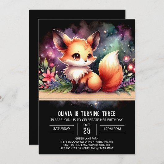 Dreamy Elegant Fox Geburtstag Einladung (Vorne/Hinten)