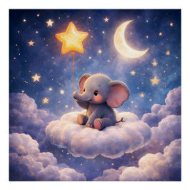 Dreamy elephant and midnight stars square semi Gla Poster