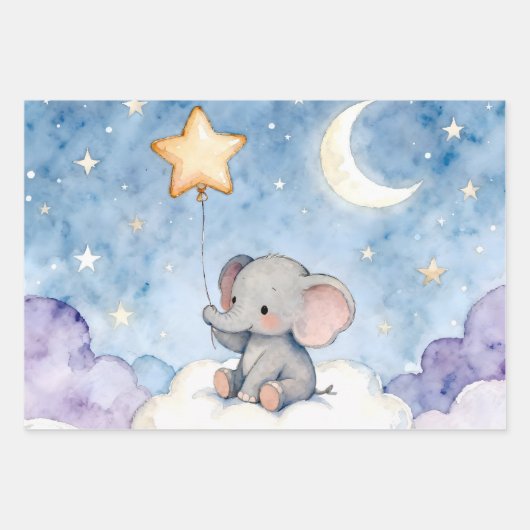 Dreamy elephant and stars luxury wrapping paper geschenkpapier set (Vorderseite)