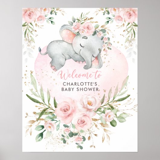 Dreamy Elephant Pink Blush Floral Baby Willkommen Poster (Vorne)