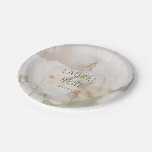 Dreamy Faded White Rose Photo Wedding Couple Names Pappteller (Schrägansicht)