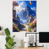 Dreamy Fantasy Landscape Tapestry – Mountains & Bl Poster (Heimbüro)