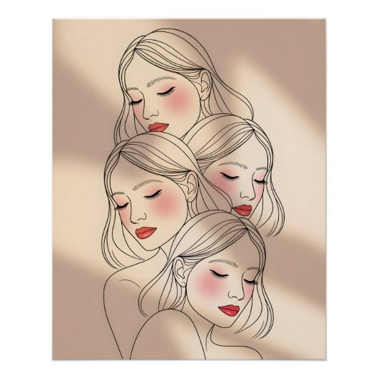 Dreamy Female Faces Print, Closed Eyes, Calming Poster (Vorderseite)