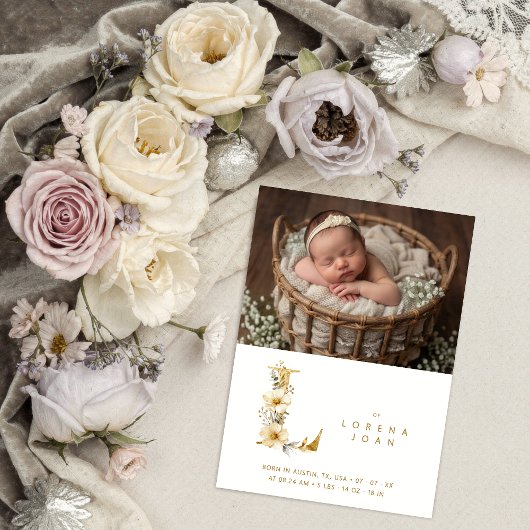 Dreamy Floral E Initial Gold Glitter Newborn Ankündigung