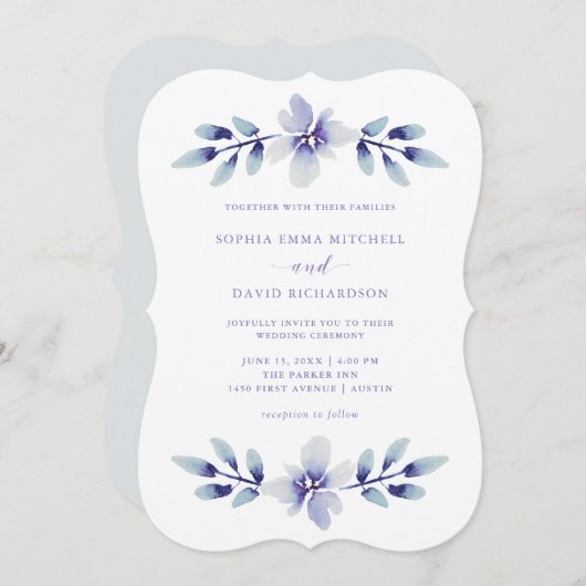Dreamy Floral | Lila und blaue Hochzeit Einladung (Vorne/Hinten)