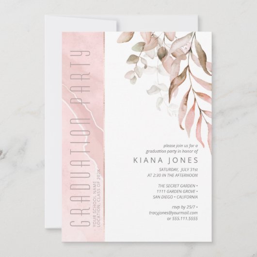 Dreamy Foliage Abschluss Blush Pink ID911 Einladung (Vorderseite)