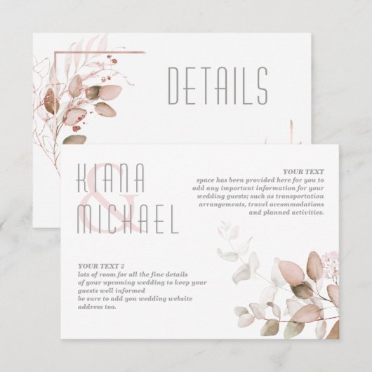 Dreamy Foliage Wedding Details Rosa ID817 Begleitkarte (Vorne/Hinten)
