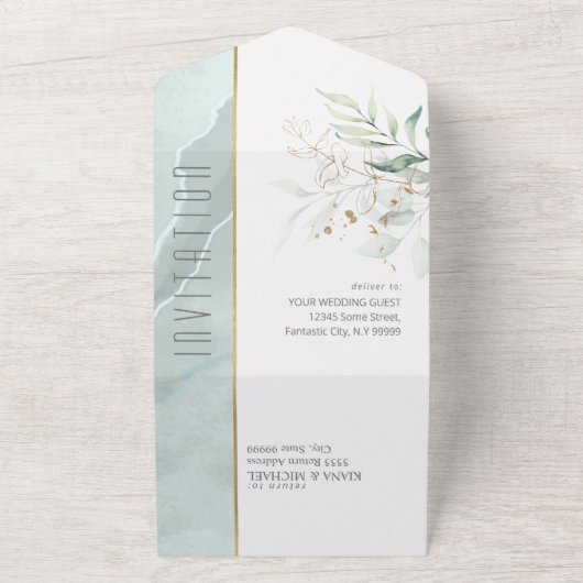 Dreamy Foliage Wedding Green ID817 All In One Einladung (Außenbereich)