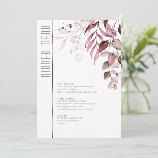 Dreamy Foliage Wedding Menu V2 Burgundy ID817 Menükarte (Stehend Vorderseite)