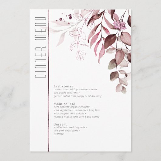 Dreamy Foliage Wedding Menu V2 Burgundy ID817 Menükarte (Vorderseite)