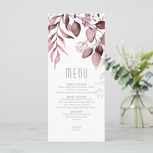 Dreamy Foliage Wedding V1 Burgundy ID817 Menükarte (Stehend Vorderseite)