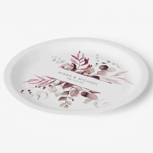 Dreamy Foliage Wedding V3 Burgundy ID817 Pappteller (Schrägansicht)